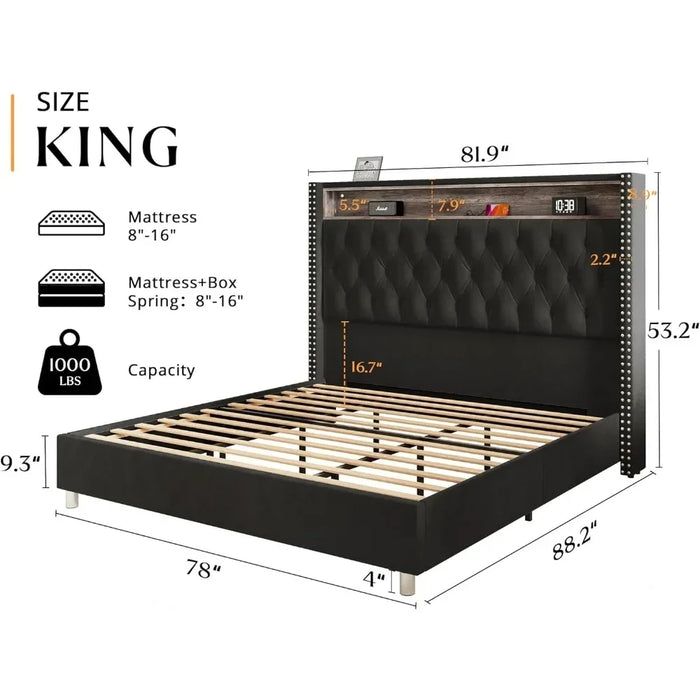 Bed Frame, Upholstered with Charging Station, Headboard Storage, Activated Night Light, No Need for A Spring Box, Bed Frame
