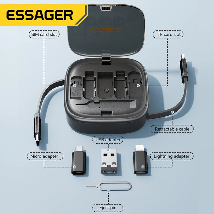 Essager USB C To Tpye C Cable PD 60W To Micro Lightning Fast Charging Data Travel Multi Functional Cord With Holder Storage Box