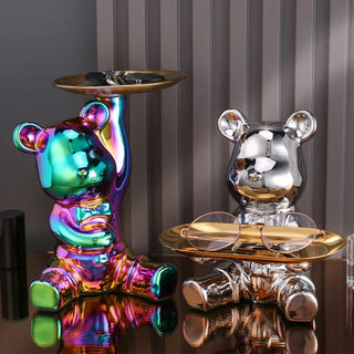 Electroplating bear cartoon sculpture, ceramic decorative ornaments with piggy bank, keys cosmetics, snacks desktop storage tray