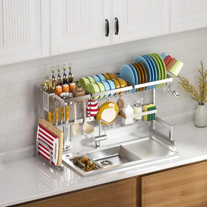 Adjustable Over Sink Dish Drying Rack 3 Tier, 2 Cutlery Holders Drainer Shelf for Kitchen Storage Counter Organizer Stainless