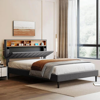 Modern Upholstered Platform Bed with Storage Headboard and USB Port Wood Bed Frame No Box Spring Needed/Easy Assembly Full, Gray