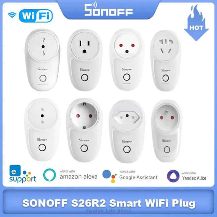 SONOFF S26 R2 WiFi Smart Plug 16A Power Socket EU/FR/US/CN/IL/IT/BR Wireless Switch Timing Via Ewelink Alexa Google Home Alice