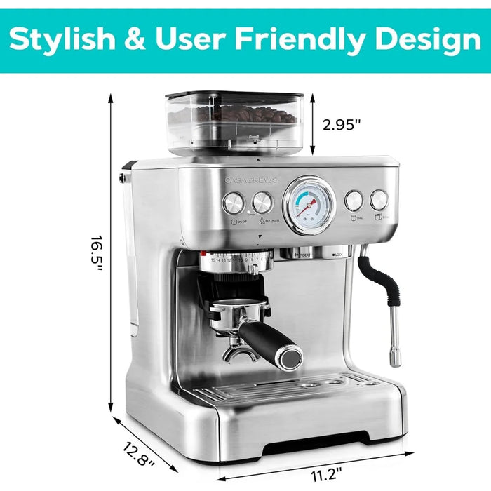 Espresso Machine With Grinder, Professional Espresso Maker With Milk Frother Steam Wand, Barista Latte Machine