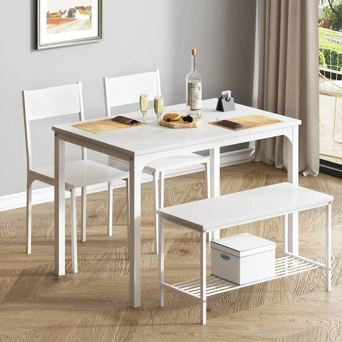 4 Person Dining Table Set,43.3 inch Kitchen Table Set for 4,2 Chairs with Backrest,2-Person Bench with Storage, White Rack