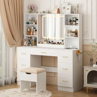 Air Dresser LED White Vanity Set With Stool and Power Outlet Bedroom Furniture Home Makeup Vanity Table Girls(White) Furnitures