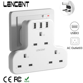 LENCENT Wall Socket Extender with 3AC Outlets 3 USB Ports 5V 2.4A 6-in-1 USB Outlet Plug Extender for Home/Office  13A 3250W