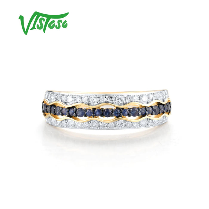 VISTOSO Real 14K 585 Yellow Gold Band Ring For Women Sparkling Diamonds Blue Sapphire Fancy Wedding Engagement Gift Fine Jewelry