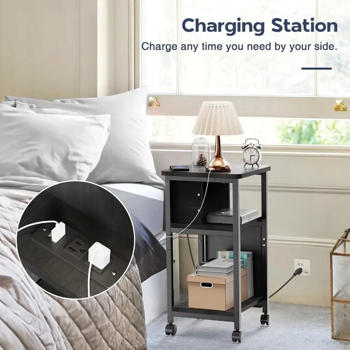 Nightstand with Charger, Side Table on Wheels, Mobile Nightstand with USB Ports, Black Side Table with Storage