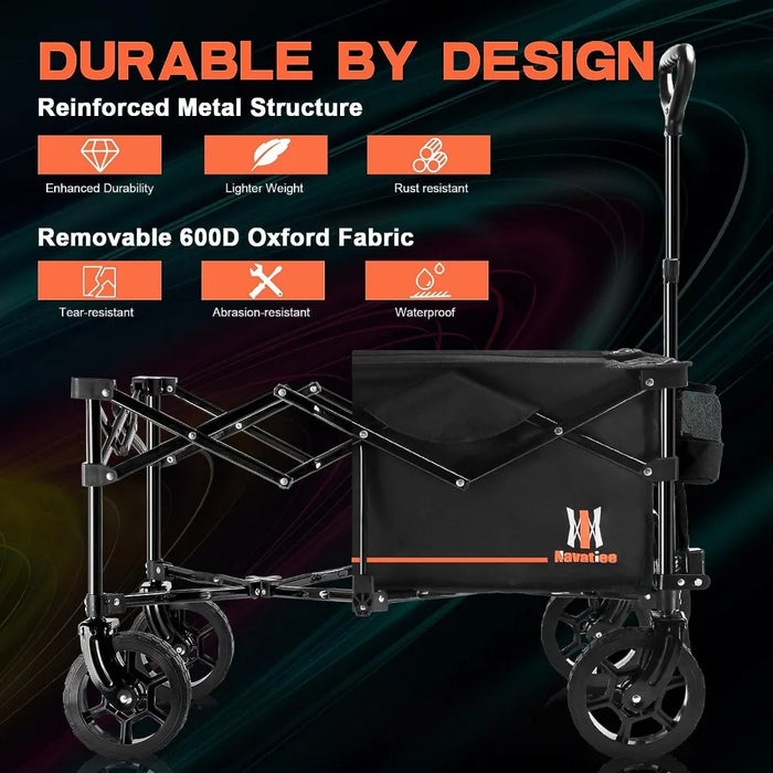 Navatiee Collapsible Folding Wagon, Wagon Cart Heavy Duty Foldable with Two Drink Holders, Utility Grocery Wagon