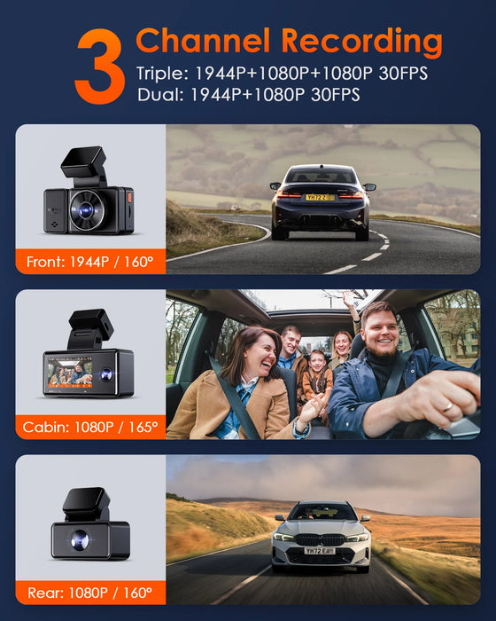 Vantrue E3 3 Channel Dash Cam 2.5K Front and Rear Inside Built-in WiFi GPS,Car Camera with Voice Control