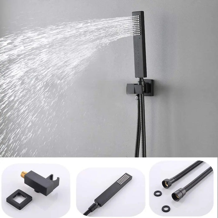 LED Shower Faucet Fixture Combo Thermostatic Systems 12'' Square head Hardware Sets Can Use All Options at A Time (Matte Black)