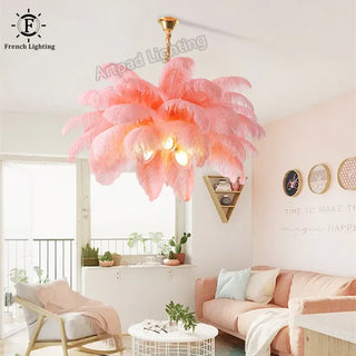 Nordic Chandelier Pink Ostrich Feather Warm Home Decor 100cm Led Pendant Lamp Bedroom Living Room Colorful Lighting
