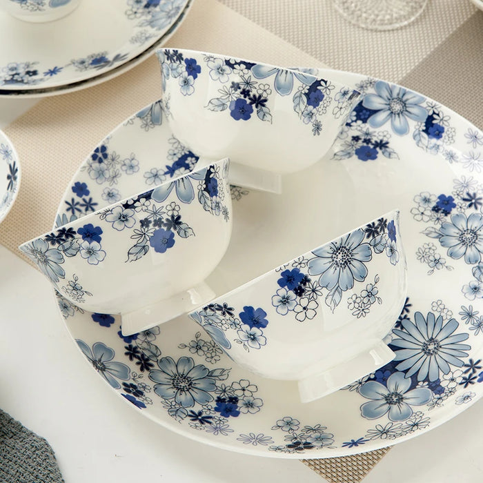 Tangshan Bone China 50 pieces of Chinese tableware deep plate disc flower set microwave oven ceramic creative dish plate