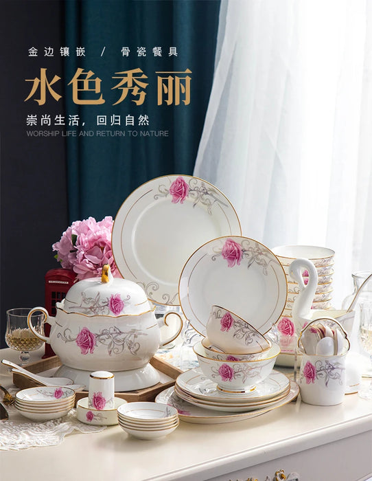 Bowl and Plate Set Jingdezhen Upscale 60pc Bone Porcelain Tableware Set Chinese Bowl, Plate, Bowl, Chopstick, Wedding Gifts