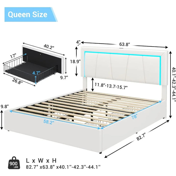 Bed Frame Queen Size with 4 Storage Drawers and LED Lights Faux Leather Upholstered Queen LED Platform Bed Frame with USB y