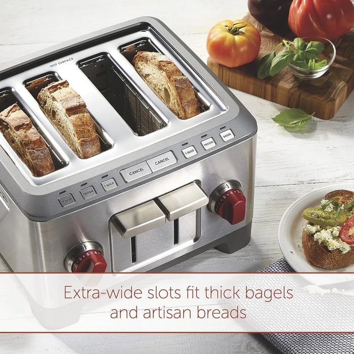 4-piece ultra wide slot toaster with color selector, bagel and thawing settings, red knob, stainless steel