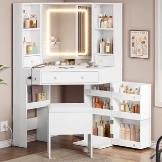 Corner Vanity Desk with Lighted Mirror, Makeup Vanity with Lights and Charging Station, Vanity Set with Mirror and Storage Stool
