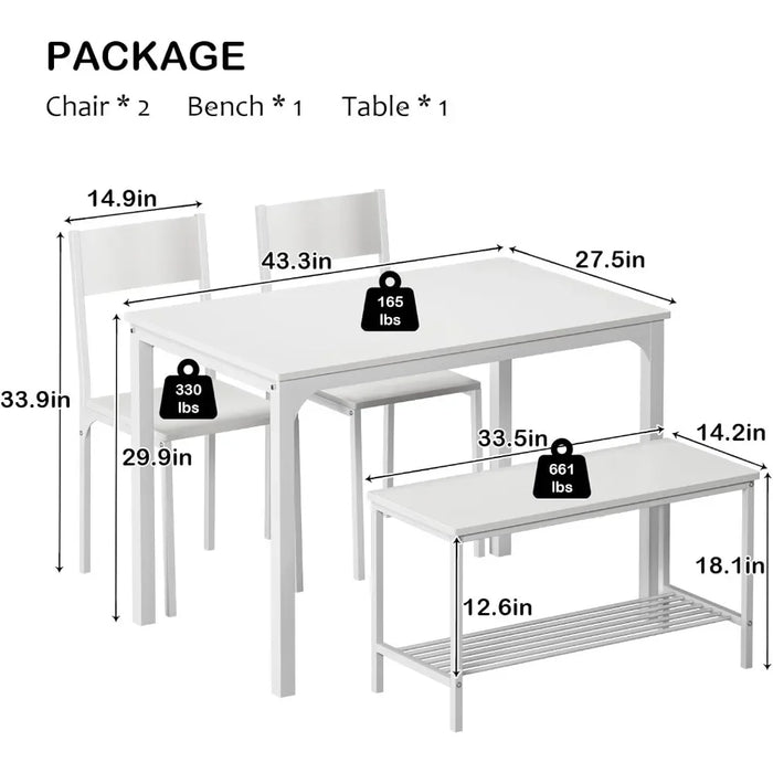 4 Person Dining Table Set,43.3 inch Kitchen Table Set for 4,2 Chairs with Backrest,2-Person Bench with Storage, White Rack