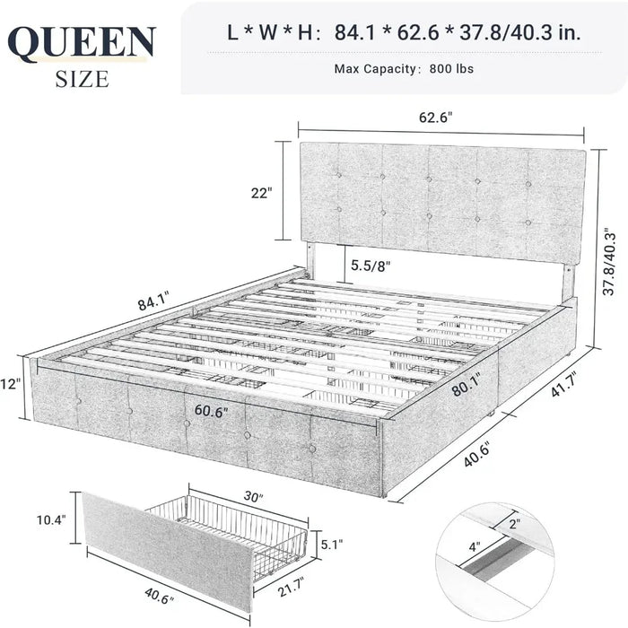 Allewie Upholstered Queen Size Platform Bed Frame with 4 Storage Drawers and Headboard, Square Stitched Button