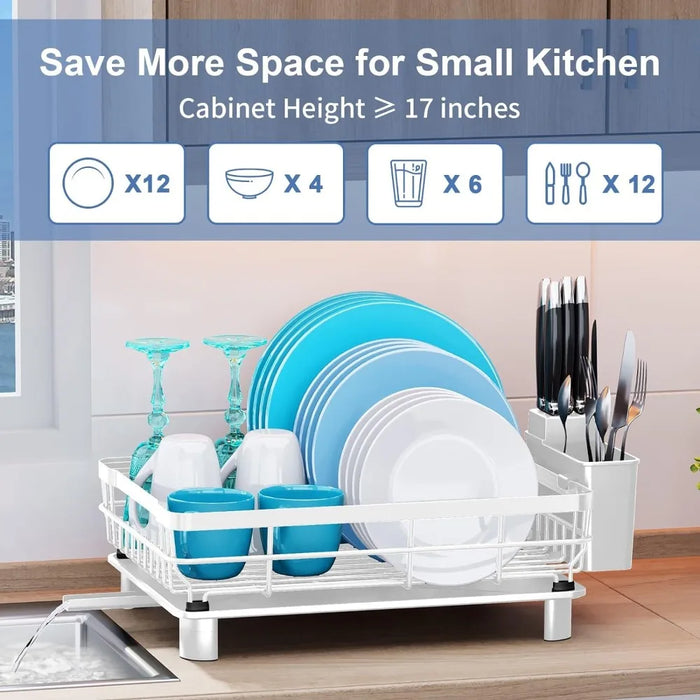 Dish Rack- Durable Dish Drying for Kitchen Counter,Dish Drainers with Drainboard,Kitchen Organization and Storage(White，Metal)