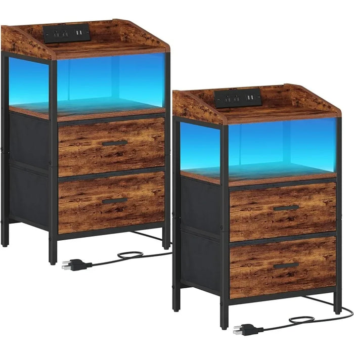 Nightstands Set of 2 with LED Lights and Charging Station,End Table with 2 Fabric Storage Drawers and Shelves, Modern Side Table