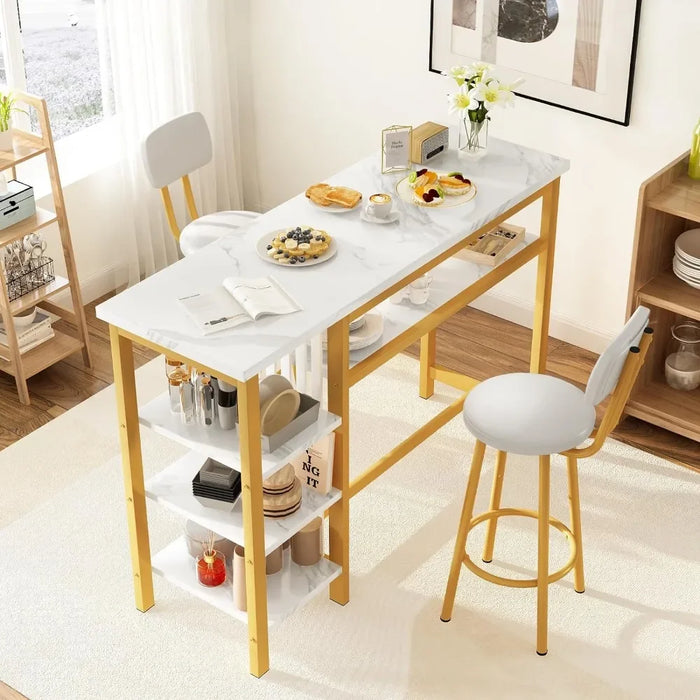 3 Piece Bar Table and Stool Set,Modern White Faux Marble Table & 2 PU Pad Bar Stools,Kitchen Counter with 3 Tier Storage Shelves