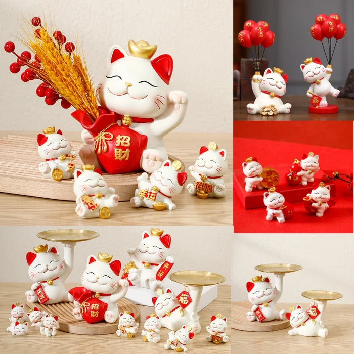 Modern Home Decoration Lucky Cat Tray Cute Cat Figurines Miniature Micro Landscape Crafts Ornaments Key Storage Sculptures Decor