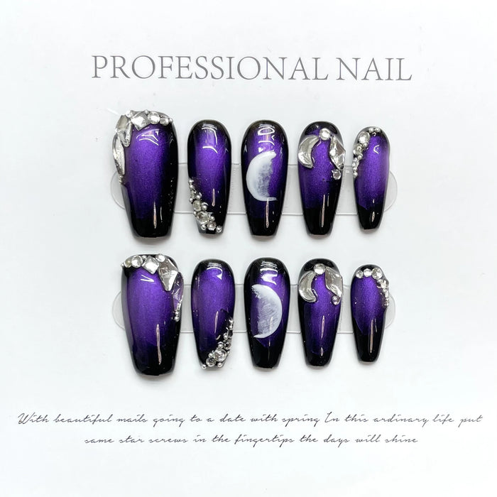 Hand-made False Nail Custom False Fingernail TIps Long Purple bling diamond Artificial Nails For Nail Salon