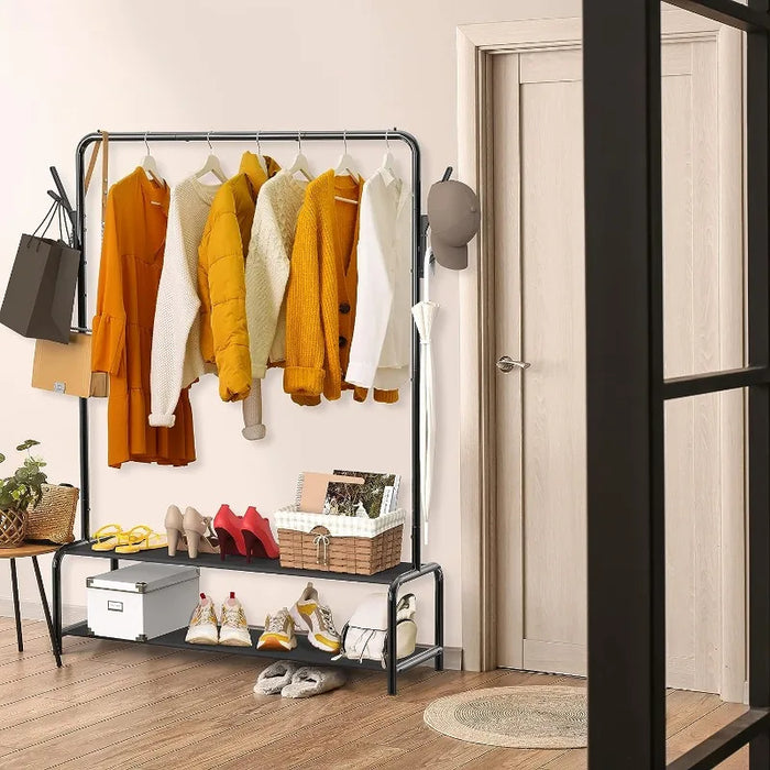 Garment Rack with Storage Shelves and Coat/Hat Hanging Hooks