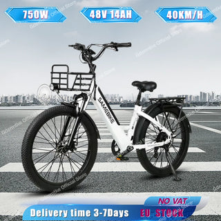 Electric Bike 750W Powerful Motor 48V14AH Removable Battery Electric Bicycle with Basket 26-inch Aluminum Alloy Frame City Ebike