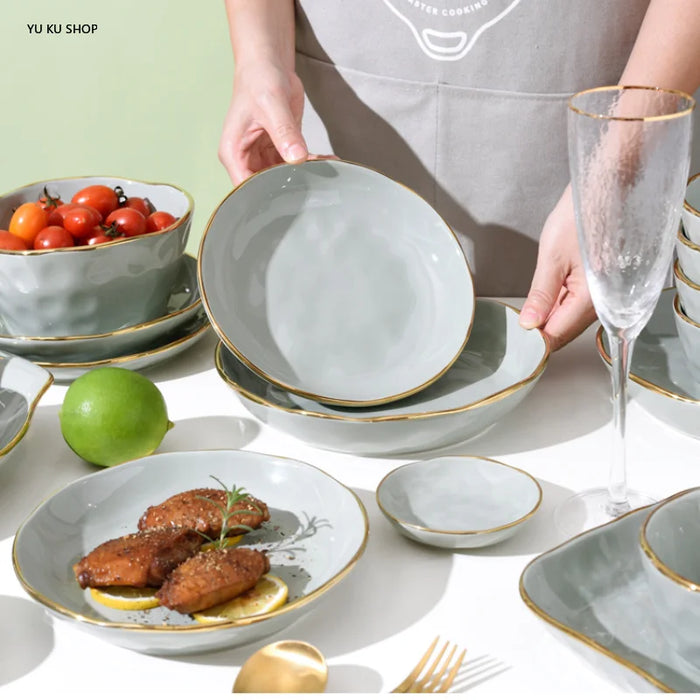 European Light Luxury Phnom Penh Tableware Set Ceramic Dinner Plate Bowl Dish Spoon Combination Kitchen Dining Table Drinkware