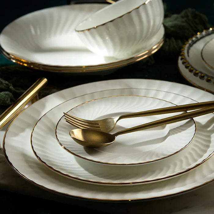 Bowl and dish set bone china tableware set bowl Jingdezhen light luxury simple hand drawn gold ceramic bowl and chopsticks plate