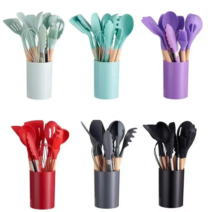 12Pcs Silicone Cooking Utensils Set Wooden Handle Kitchen Cooking Tool Non-stick Cookware Spatula Shovel Egg Kitchenware Beaters