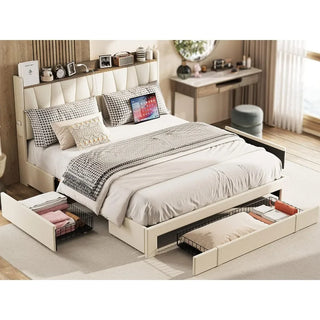 Queen Bed Frame, with 3 Drawers Storage Headboard and Charging Station,Upholstered Platform Bed