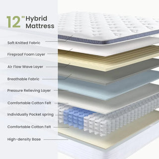 12" Hybrid Mattress, Boxed, with Gel Memory Foam, Individual Pocket Springs for Support and Pressure Relief