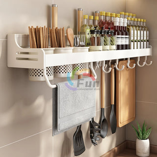 40/50cm No Punching Wall-Mounted Spice Rack with Towel Rod Knife Holder Bucket Spice Shelf Storage Organizer Kitchen Accessories