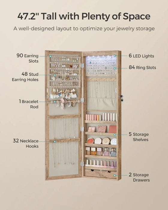 6 LEDs Mirror Jewelry Cabinet, 47.2-Inch Tall Lockable Wall or Door Mounted Jewelry Armoire Organizer with Mirror, 2 Drawers,