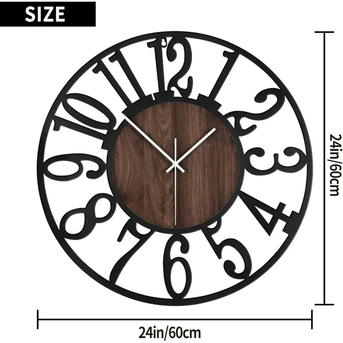 Large Wall Clock, Antique Silent Non Ticking Black Metal Wood Clocks for Living Room, Bedroom, Battery Operated Wall Clock Decor