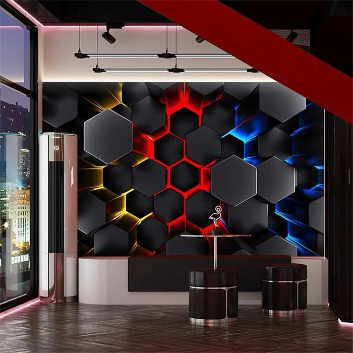 custom papel de parede 3D metal geometric hexagon Front desk wallpaper science technology company embossed KTV mural wall paper