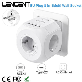 LENCENT EU Plug  Wall Socket Extender with 4 AC Outlets+3 USB +1 Type C 5V/3A Charger Adapter 8-in-1 Socket On/Off Switch