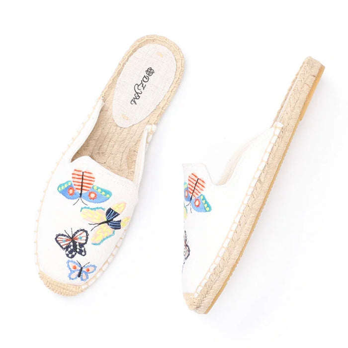 2021 Pantufa Flip Flops Simple Mule Breathable Flat Espahemp Summer Rubber Cotton Fabric Floral Drilles Shoes, Pure Color Mules