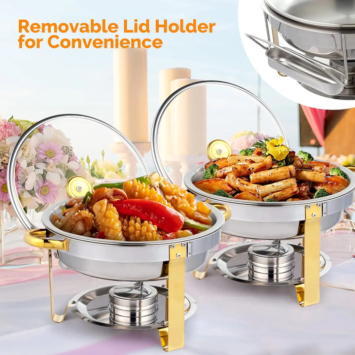 5QT 2-12 Packs Chafing Dish Buffet Set Gold Accent Round NSF Stainless Steel Warmer Glass Lid Holder Catering Event Partie