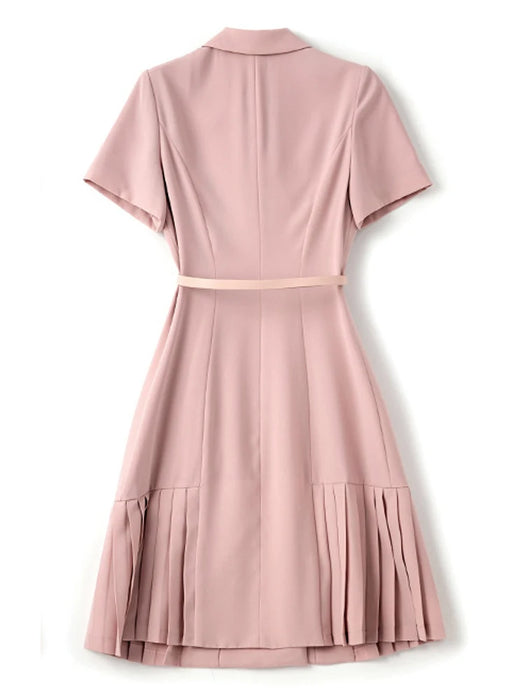 AELESEEN Office Ladies Summer Dress High Quality Turn-down Collar Solid Pink Belt Pleated Double-breasted Mini Ladies