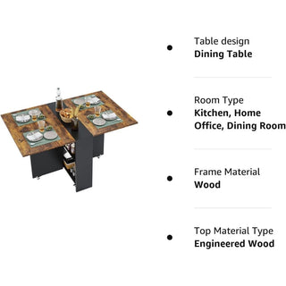 Folding dining table with 6 wheels, deciduous table for small spaces, foldable dining table with 2 levels of storage shelves
