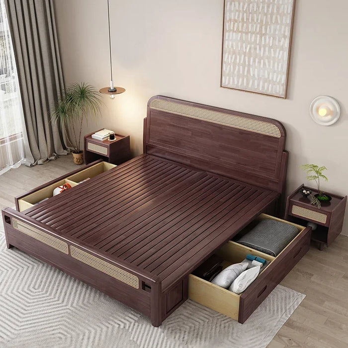 Custom rattan woven solid wood bed 1.8m black double Nordic retro modern simple homestay furniture