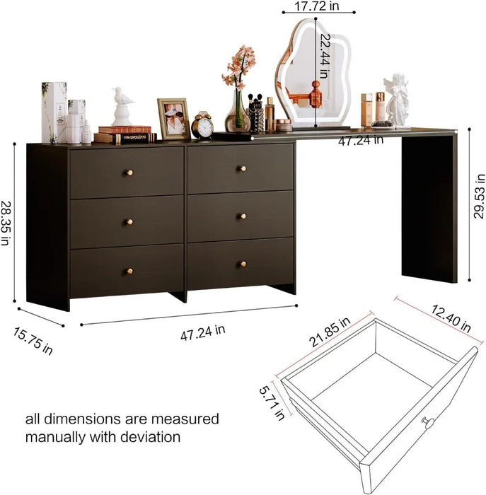 Black Modern Corner Makeup Vanity Table,with LED Mirror and 6 Spacious Drawers,with Cabinet Retractable Dressing Table Laptop