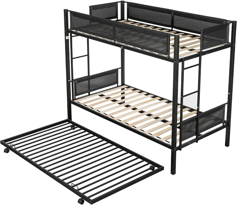 Twin Over Twin Metal Bunk Bed with Trundle, Twin Size Triple Bunk Beds Frame with 2 Side Ladders 3 Kids/Adults, Noise-Free Wood