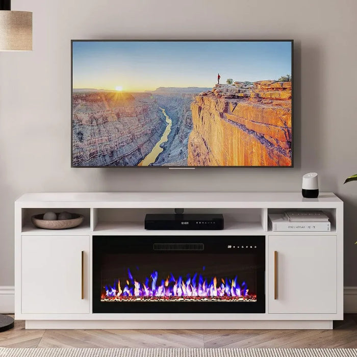 70" Fireplace TV Stand for TVs Up to 75", LED Light Entertainment Center with 36" Electric Fireplace Heater, Storage Cabinet,