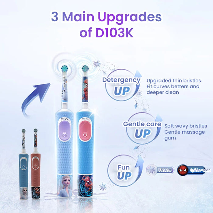 Oral B D103K Child's Electric Toothbrush Rechargeable Timer Kids Automatic Tooth Brush with Sticker Disney Spiderman Frozen IPX7