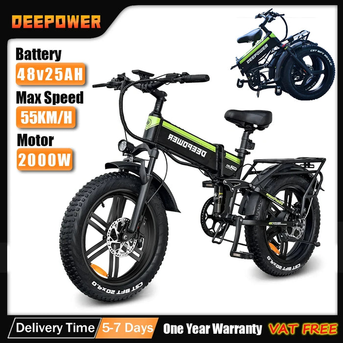 DEEPOWER 2000W Adults Electric Bike Bicycle 48V 25AH 20 Inch Fat Tire Folding Electric E Bikes Mountain Oil Brake 1000W Ebike